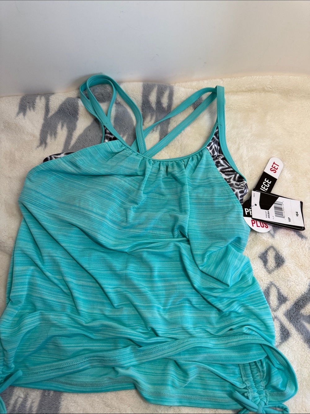 Aqua Striped Tankini Swim Top w/connected Leopard bra , bottom  sz 16 1/2.
